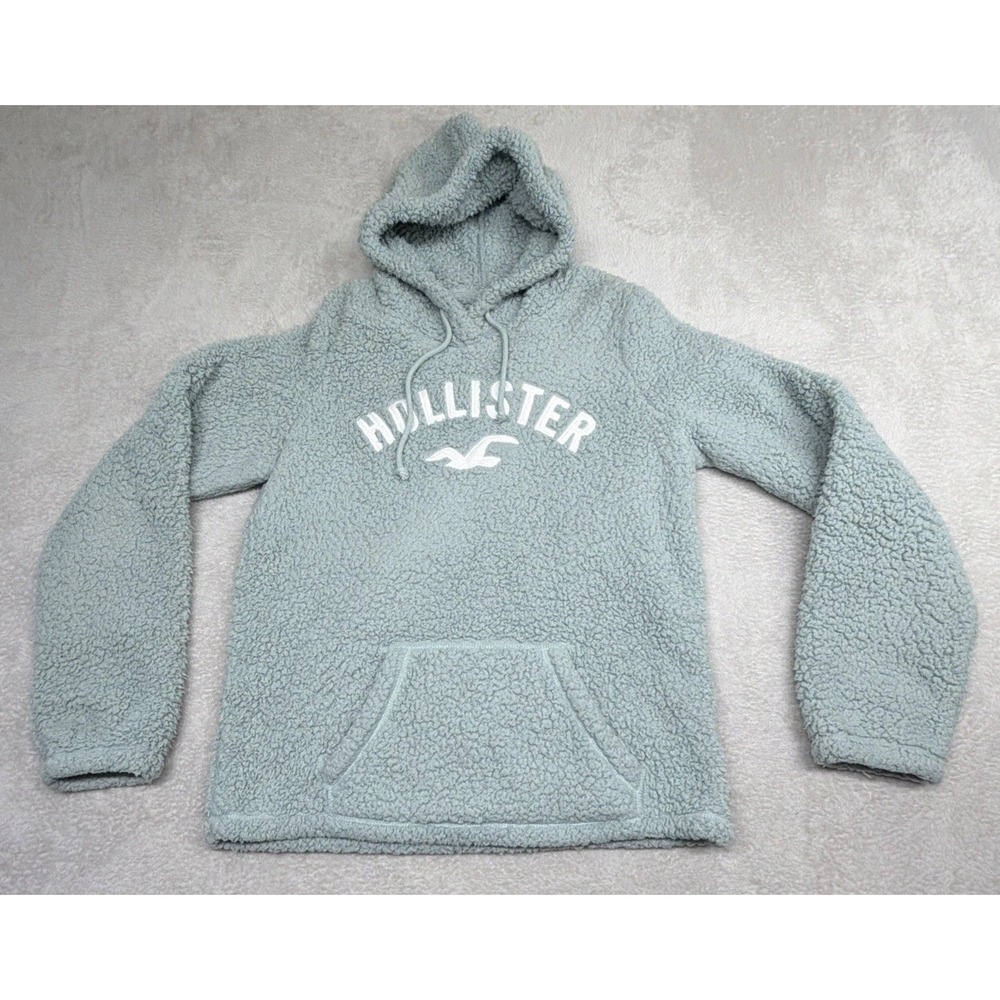 Hollister Baby Blue Sherpa Pullover Hoodie Woman's Size Large Pocket Fuzzy Warm